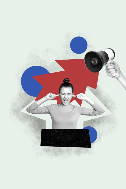 istock Composite image trend artwork collage of black white silhouette confused young lady cover ears with fingers suffer from loudspeaker 2197572499