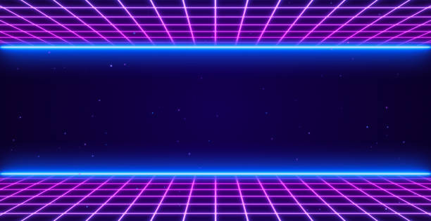 istock 3D Synthwave terrain landscape, digital blue purple glow cyberspace laser neon grid floor perspective, abstract futuristic retrowave poster design, 80s retro night arcade game tech style background 2197574854