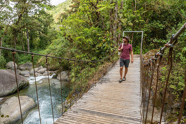 istock Man Walking on Jungle Suspension Bridge with Backpack 2197575107