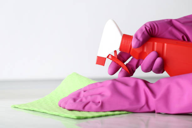 istock Hands in gloves with sponge and bottle of detergent cleaning kitchen table 2197577697