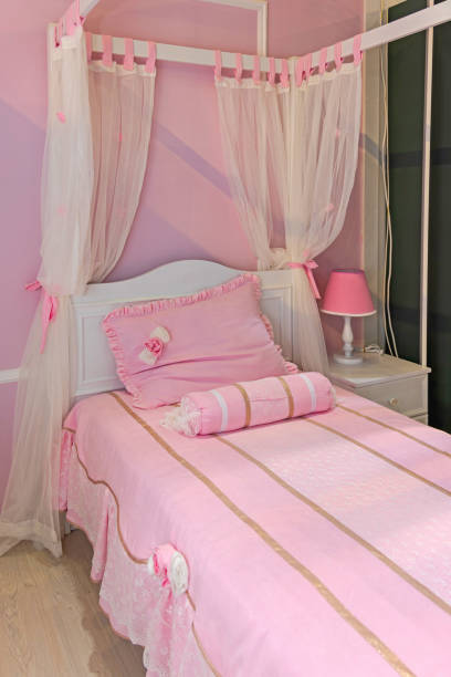 Bed With Curtains in Girls Room All in Pink Colour