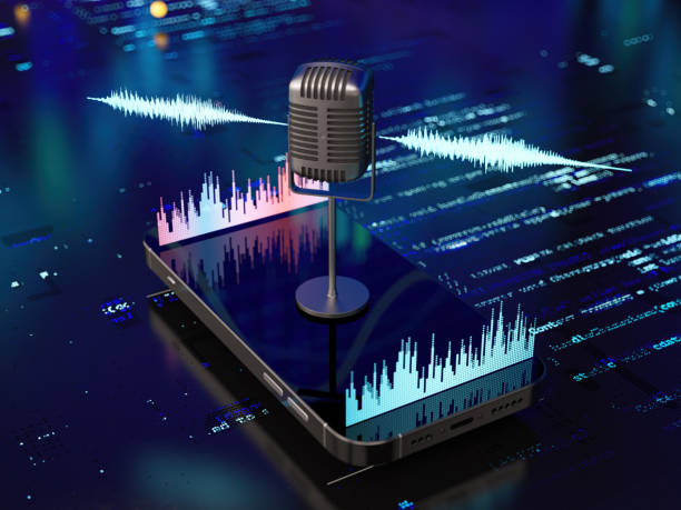 Retro Microphone on a Modern Smartphone with Sound Wave Hologram. Podcast or Voice Recording Concept Retro Microphone on a Modern Smartphone with Sound Wave Hologram. Podcast or Voice Recording Concept. 3D Render vintage portable silver radio stock pictures, royalty-free photos & images