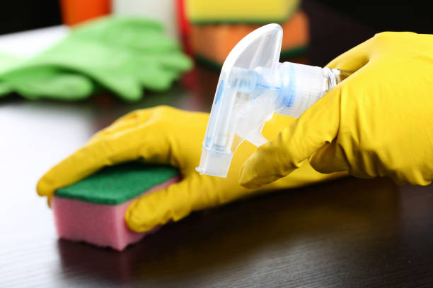 istock Hands in gloves with sponge and bottle of detergent cleaning kitchen table 2197579232