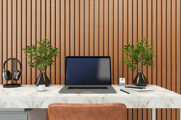 Modern Workspace with a Empty Mockup Screen Laptop on a Marble Desk. 3D Render