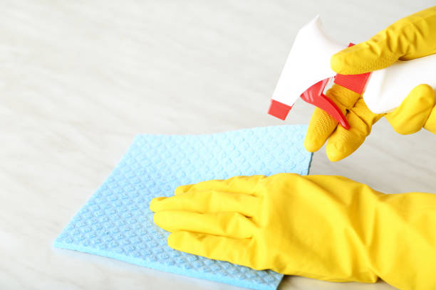 istock Hands in gloves with sponge and bottle of detergent cleaning kitchen table 2197579457