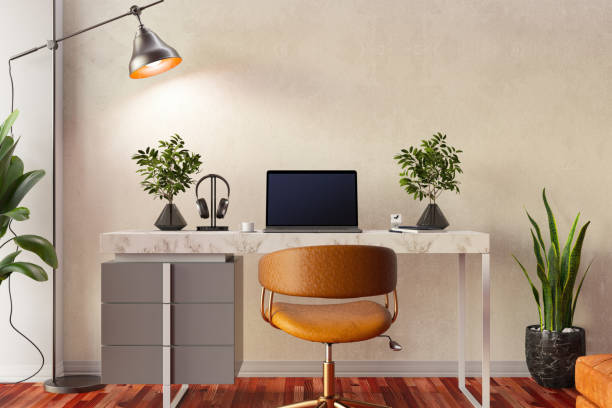 istock Modern Workspace with a Laptop on a Marble Desk 2197579466