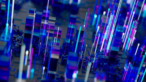 An abstract digital landscape bursts with illuminated vertical bars in rich blues, purples, and whites, suggesting depth and dynamic movement in a tech-inspired scene.