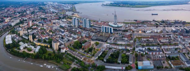 Aerial view around the old city of Bremerhaven in Germany  on a late  spring day