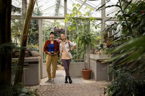 istock Two tourists admiring plants inside a botanical garden greenhouse 2197583352