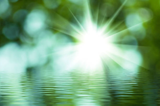 Sunlight filters through a vibrant canopy, casting radiant beams onto tranquil water. The gentle ripples mirror the bright hues, creating a peaceful ambiance in nature.