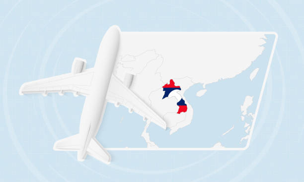 istock Laos Travel Illustration with Plane and National Flag. Airplane Flying Over Laos Map. 2197584181
