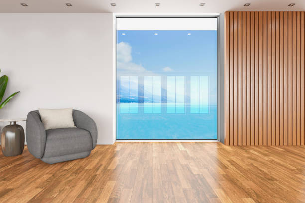 Modern luxury holiday villa at seaside. 3D generated image. Image on the laptop is my own graphics.