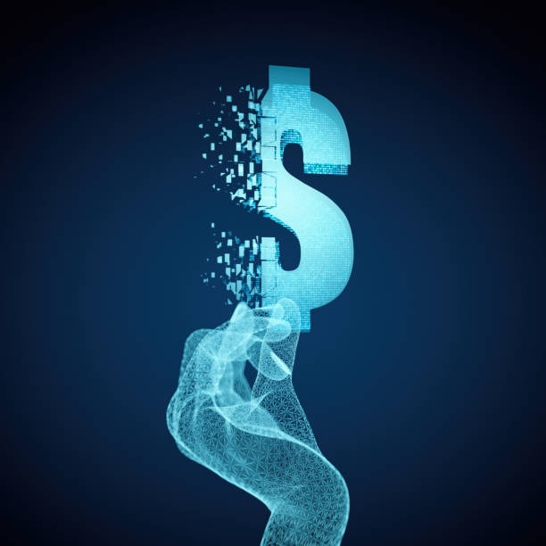 istock Wire-Frame Digital Hand Holding a Dollar Sign Hologram 2197584693