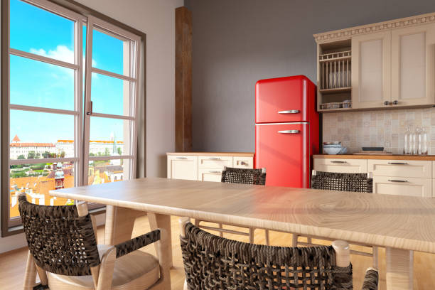 istock Cozy Kitchen with a Wooden Desk and Red Refrigerator 2197584713