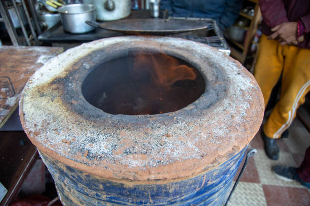 A clay tandoor oven emits heat and flames as it is used for traditional cooking. The image captures the cultural and food preparation process in a vibrant and authentic Indian kitchen setting.