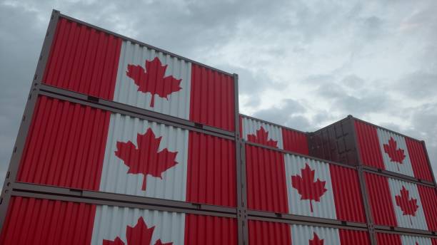 istock Canada flag containers are located at the container terminal. Canada export or import concept. 3d illustration 2197594255