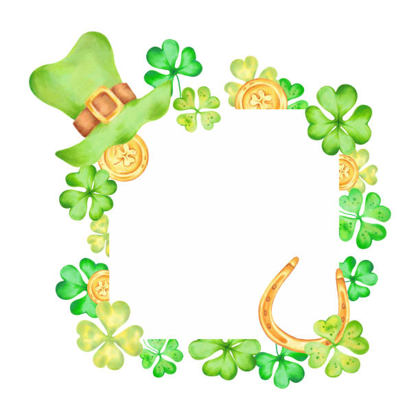 istock Clover leaf with gold coins, horseshoe and leprechaun top hat for St. Patrick's Day. Square frame with copy space. Watercolor illustrations. Hand drawn isolated art. Sketch of luck, profit, succes 2197595249