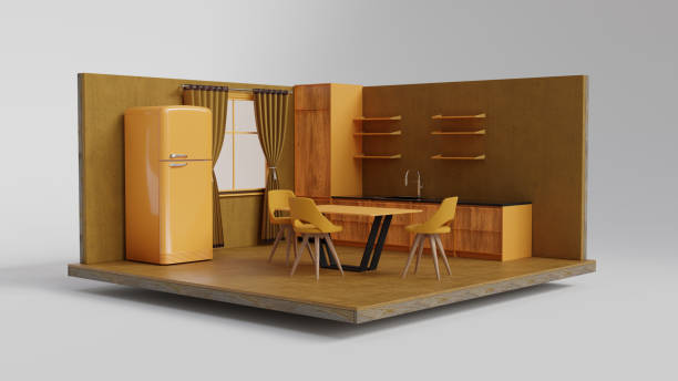 istock 3D model of retro yellow kitchen interior with fridge and dining area 2197598582