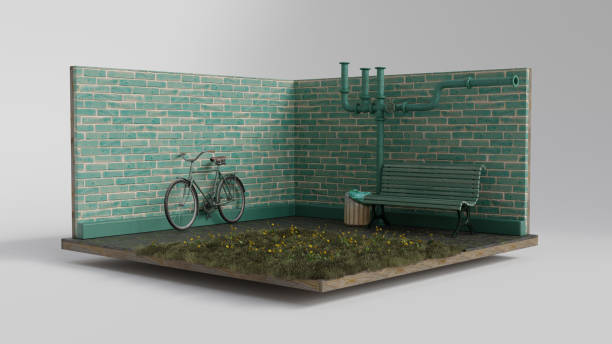 3D model of outdoor urban scene with vintage bicycle, bench, and green brick wall. Ideal for cityscape and park-themed visuals. Concept of architecture, design, nature, peaceful, reflective space.