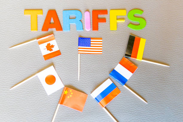istock Tariffs between several countries Flags USA, China, Russia, Canada, Europe with Germany, France, Japan on textured background word (Tariffs) Concept: World trade policy. against Trump 2197603986