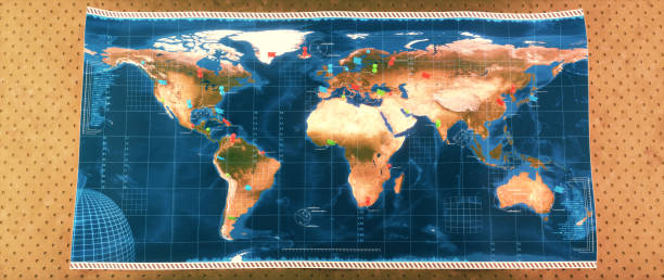 istock Strategic world map with infographics and pinned flags 2197606287