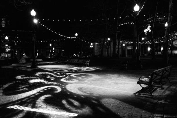 Providence Downtown Holiday Light Show in Rhode Island at Night. Celebrating Christmas and New Year Cityscape. A Retro-style Monochromatic Photo.