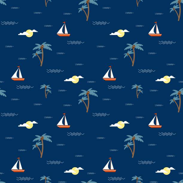 Vector seamless pattern, palm tree, coconut, ship. Summer vacation vector seamless pattern with palm tree, coconut, ship, sun and waves. Aloha party, Hawaii concept. Can be used in textile and wallpaper, wrapping-paper design. hawaiian tourist cartoons stock illustrations