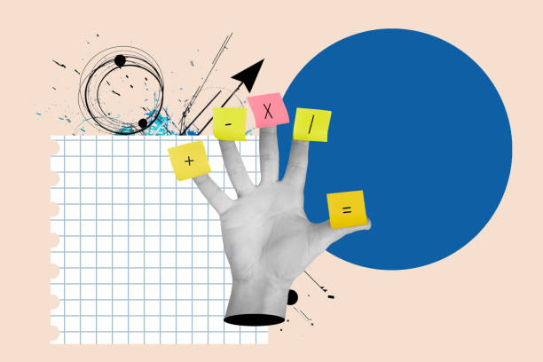 istock Colored sticky papers with mathematical symbols glued on man fingers on a squared sheet and on a blue circle 2197614955