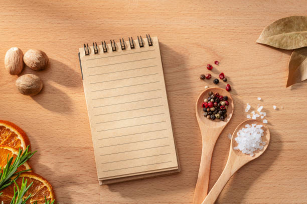 Blank note pad and spices. Recipe or to do list. Copy space. High resolution 42Mp studio digital capture taken with Sony A7rII and Sony FE 90mm f2.8 macro G OSS lens