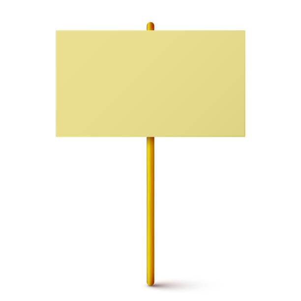 istock Blank colorful protest sign with wooden holder. Demonstration banner. Strike action cardboard placard mockup. Social advertisement. Vector illustration 2197619348