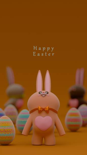 istock Easter Bunny Figurine Standing Among Decorated Eggs on a Brown Background with 