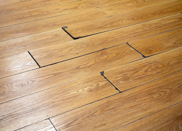 Fragment of damaged inexpensive laminate flooring