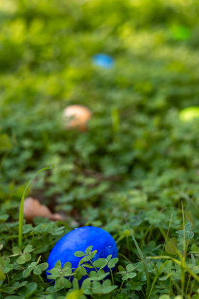 Brightly colored Easter eggs are scattered across vibrant green grass. A red basket sits nearby, creating a cheerful spring atmosphere perfect for an egg hunt. Spring holiday concept