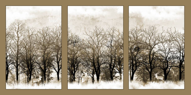 istock 3d modern canvas art mural wallpaper landscape forest, brown and black christmas trees and deer. white cloudy background 2197635809