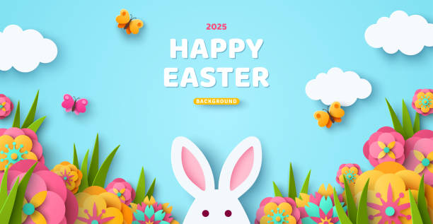ilustraciones, imágenes clip art, dibujos animados e iconos de stock de póster flores de conejo de pascua - pascua