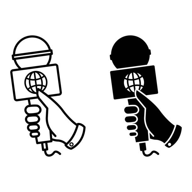 illustrations, cliparts, dessins animés et icônes de icônes correspondantes. icônes vectorielles en noir et blanc. microphone à la main. interview d’un journaliste. concept de journalisme - interview entretien