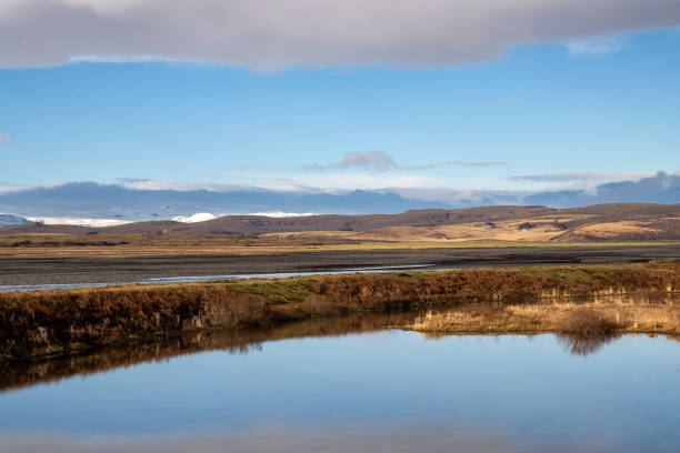 Autumn landscape with golden dry grass and a river reflecting the sky. Glacier mountains with snow in the background. Blue sky with white clouds. Kudafljot, Iceland.