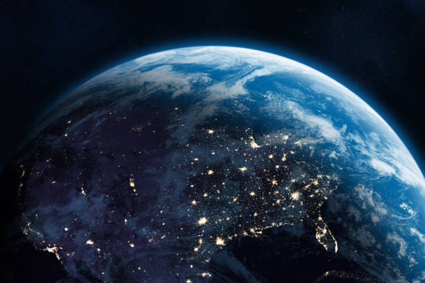 istock Earth from the space at night. Space banner template. North America. 2197640264