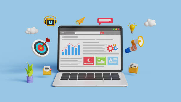 istock Digital marketing automation. Analytics dashboard, SEO, growth, advertising, campaign. Business strategy with KPI. AI powered workflow. 3D analytics dashboard on laptop with digital marketing icons 2197640360