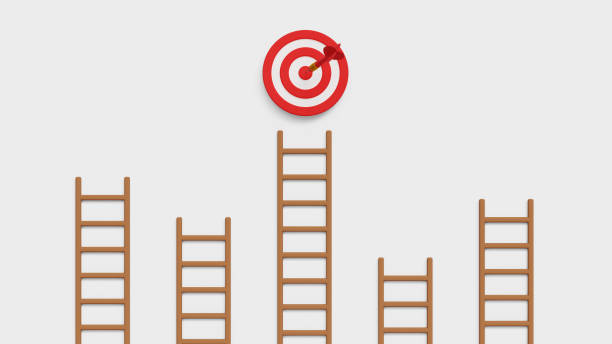 istock Competition, challenge, choices, achievement, target, achieve goal, strategy, motivation, business growth, ambition or aspiration concept. 3D Ladder of success. Climb up the right ladder to reach goal 2197640391