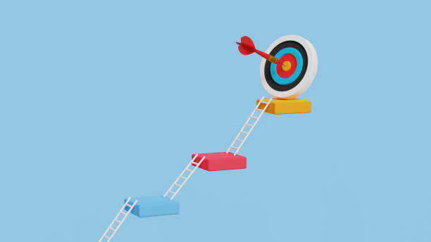 istock Small steps to success, step by step growth. Business goals, progress, improvement, vision, strategy, achievements, objectives. 3D bars steps with ladders reaching the archery target. 3D illustration 2197640396