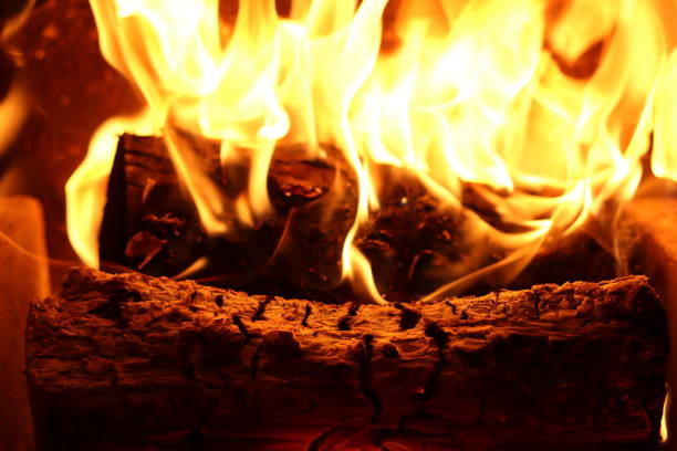 Close up of flames on logs in a fireplace