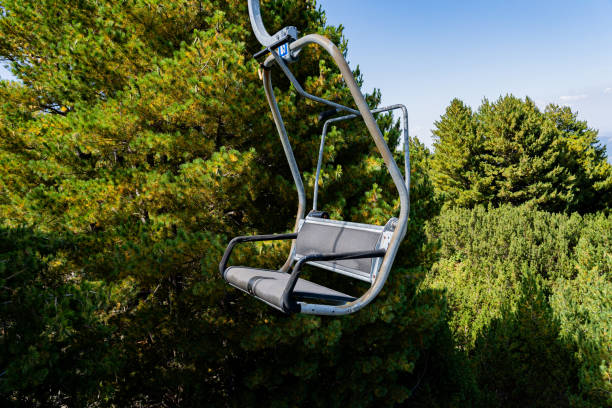 Empty chairlift hovers above a dense green forest, showcasing a serene and peaceful outdoor scene. The clear blue sky adds to the tranquil atmosphere