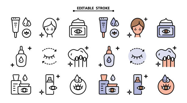 ilustraciones, imágenes clip art, dibujos animados e iconos de stock de conjunto de iconos de color eye cream. trazo editable. colección de símbolos planos para el cuidado de la piel. crema creativa para el contorno de ojos. dibujo vectorial aislado - antiarrugas