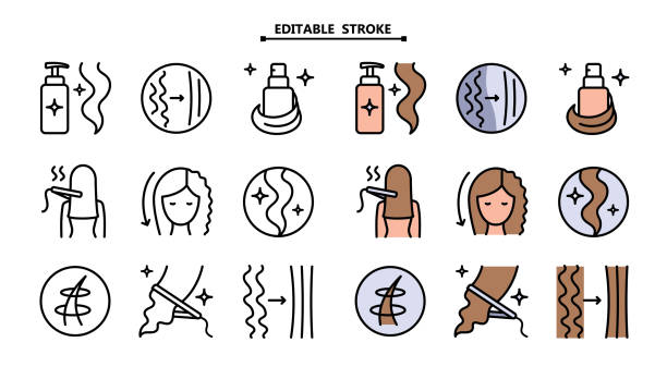 Hair straightener icons set for hair care treatment and beauty or woman salon. Editable stroke. Hair straightener appliance for female haircut straightening and haircare cosmetic treatment symbols Hair straightener icons set for hair care treatment and beauty or woman salon, color vector. Editable stroke. Hair straightener appliance for female haircut straightening and haircare cosmetic treatment symbols chemical straightener stock illustrations