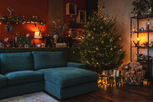 Festive living room with a beautifully decorated Christmas tree.