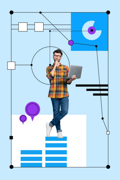 istock Sketch image composite trend artwork 3D photo collage of black white silhouette young programmer guy hold in hand laptop think 2197648077