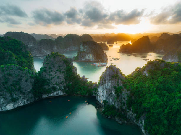 Aerial View of Limestone Islands in Halong Bay at Sunrise stock photo
