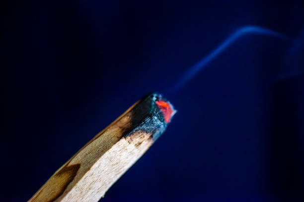A macro photo capturing the intricate details and vibrant glow of two pieces of burning Palo Santo wood, highlighting the aromatic smoke and natural beauty.