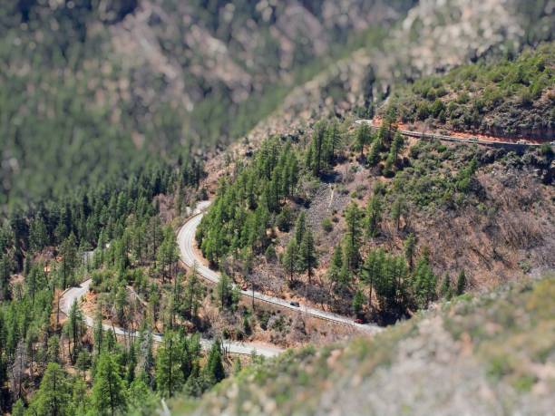 istock Tilt shift lens technique used on roadway switchbacks through Oak Creek Canyon to the Mogollon rim 2197660212
